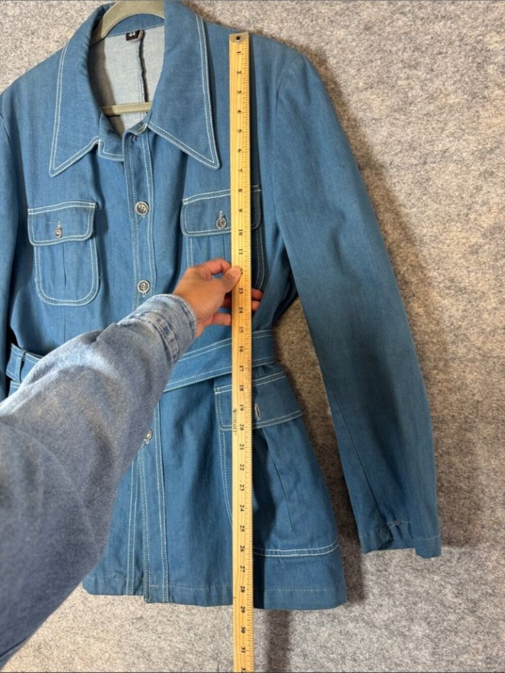 Vintage Belted Denim Jacket Blue Size 44 Mod Retro Utility Blazer Shacket Unisex - Picture 10 of 15